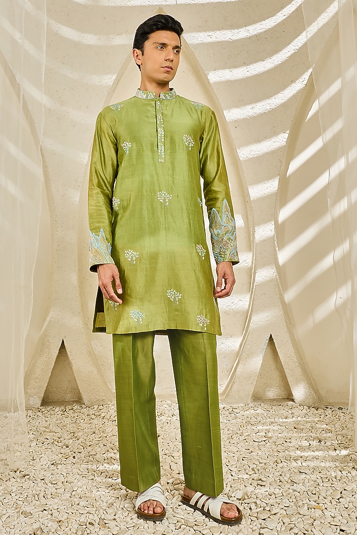 Green Chanderi Silk Thread Embroidered Nehru Jacket Set by Sarab Khanijou at Pernia's Pop Up Shop