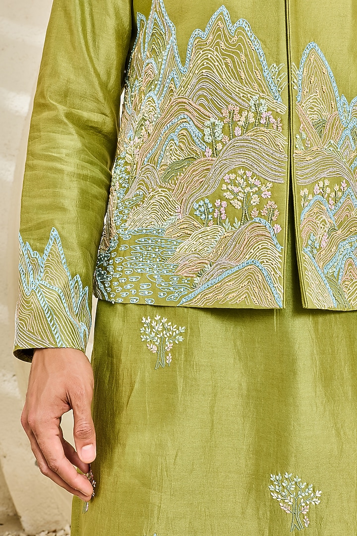 Green Chanderi Silk Thread Embroidered Nehru Jacket Set by Sarab Khanijou at Pernia's Pop Up Shop