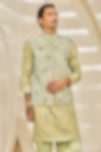 Mint Green Chanderi Silk Moti Embroidered Nehru Jacket Set by Sarab Khanijou at Pernia's Pop Up Shop