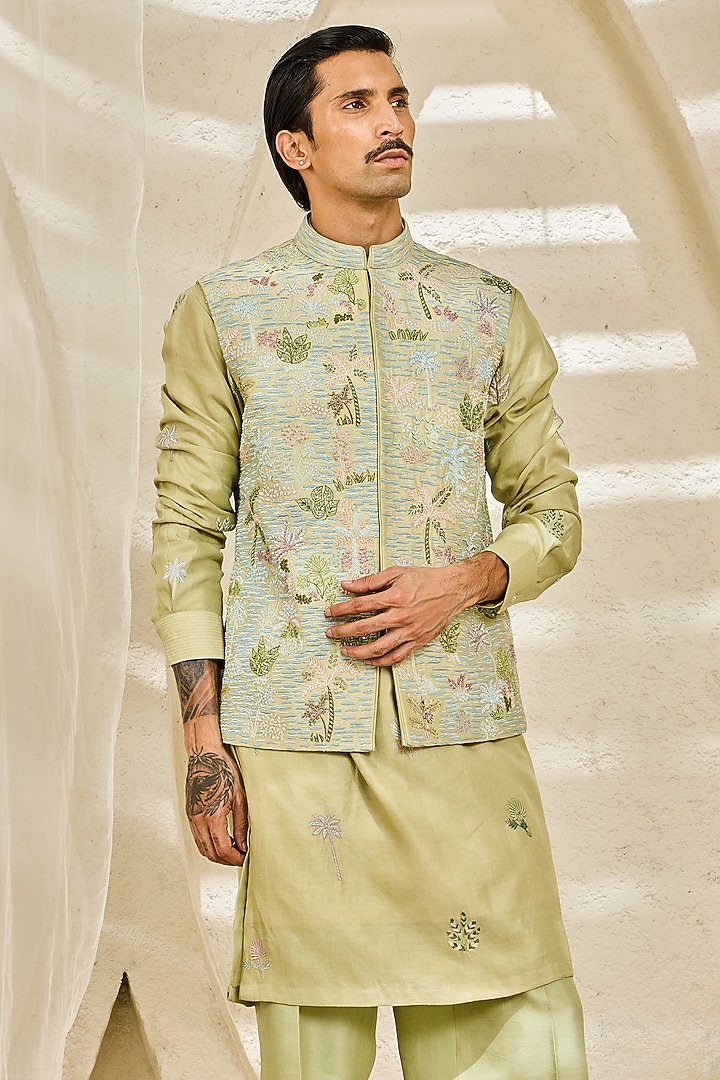 Mint Green Chanderi Silk Moti Embroidered Nehru Jacket Set by Sarab Khanijou at Pernia's Pop Up Shop
