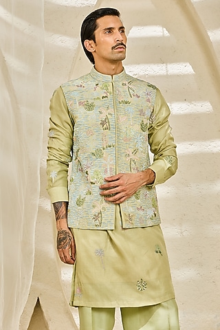 Mint Green Chanderi Silk Moti Embroidered Nehru Jacket Set by Sarab Khanijou