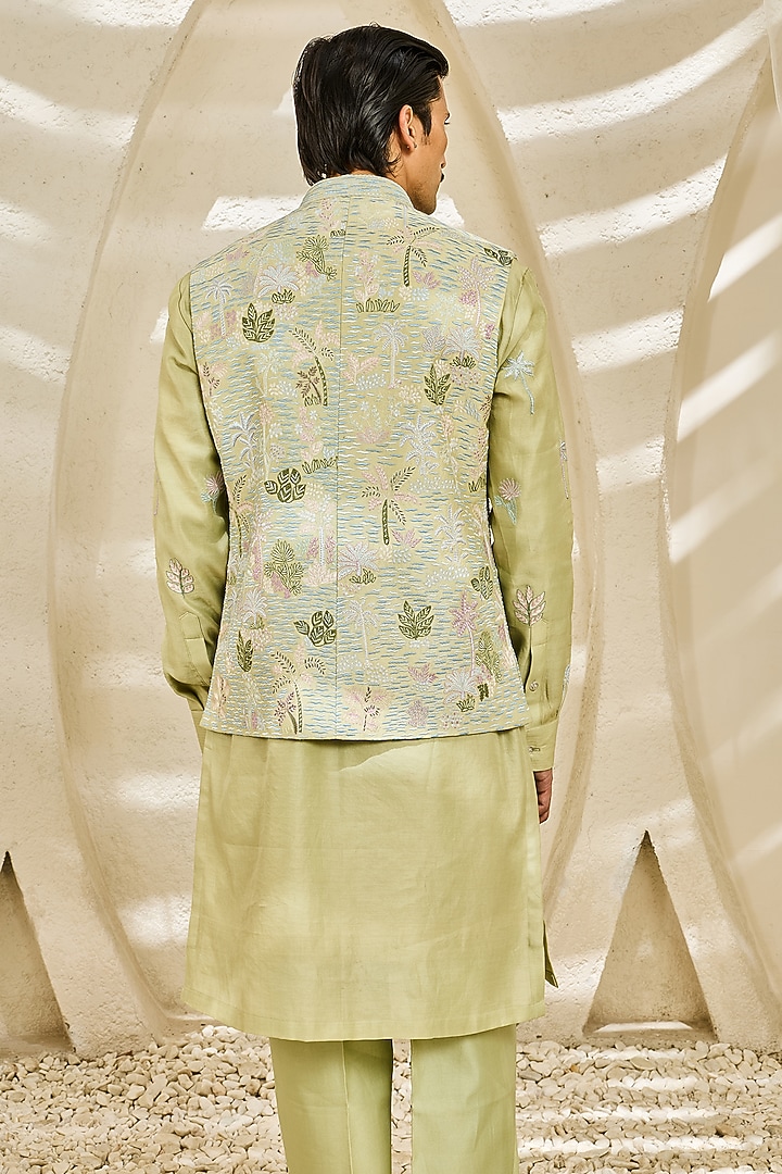 Mint Green Chanderi Silk Moti Embroidered Nehru Jacket Set by Sarab Khanijou at Pernia's Pop Up Shop
