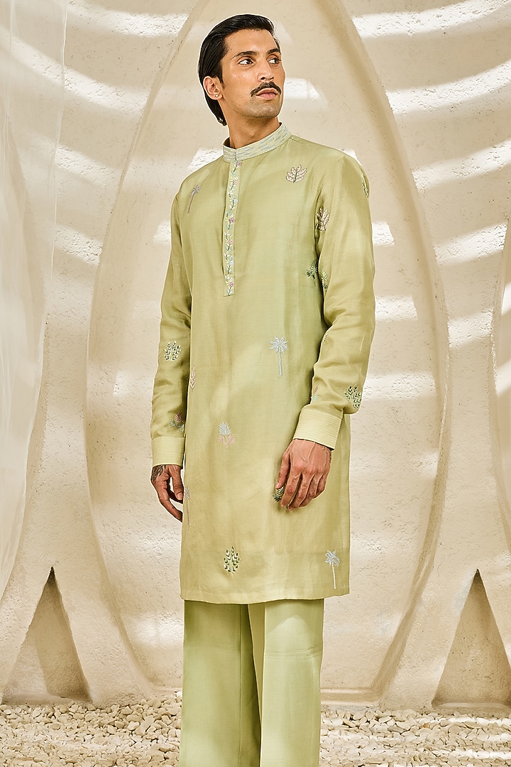 Mint Green Chanderi Silk Moti Embroidered Nehru Jacket Set by Sarab Khanijou at Pernia's Pop Up Shop