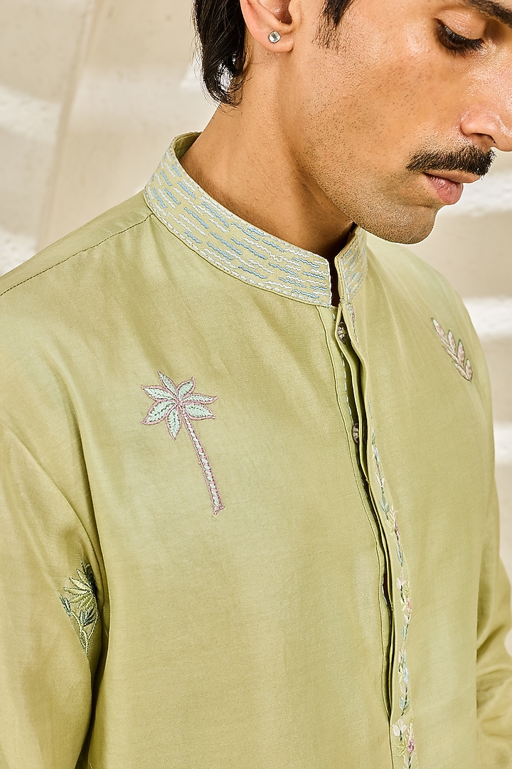 Mint Green Chanderi Silk Moti Embroidered Nehru Jacket Set by Sarab Khanijou at Pernia's Pop Up Shop