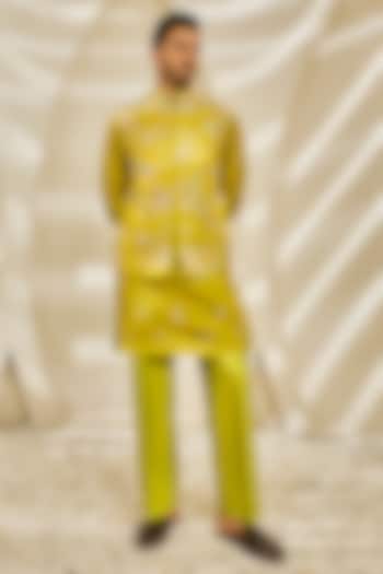 Lime Green Chanderi Silk Thread Embroidered Nehru Jacket Set by Sarab Khanijou at Pernia's Pop Up Shop