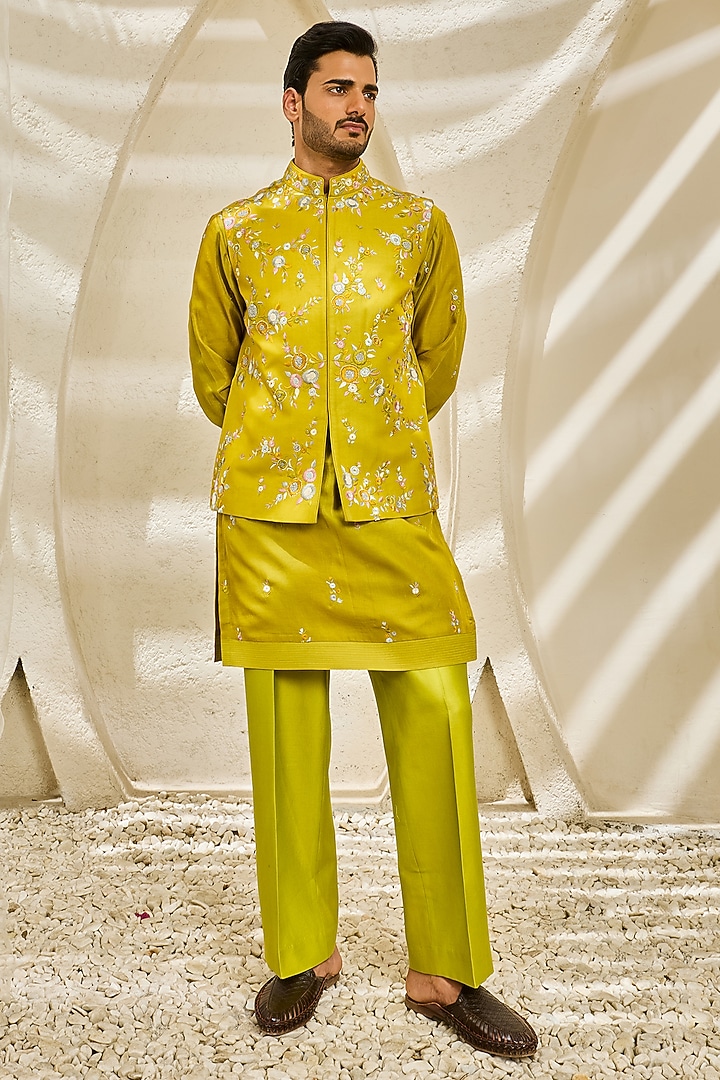 Lime Green Chanderi Silk Thread Embroidered Nehru Jacket Set by Sarab Khanijou at Pernia's Pop Up Shop