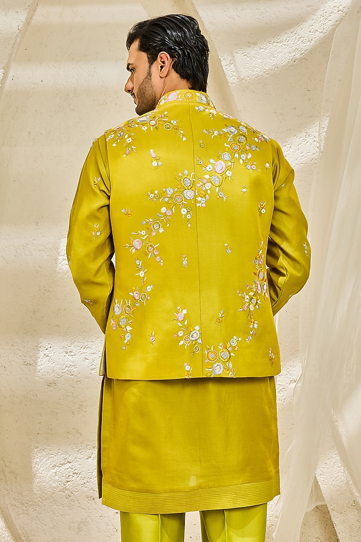 Lime Green Chanderi Silk Thread Embroidered Nehru Jacket Set by Sarab Khanijou at Pernia's Pop Up Shop