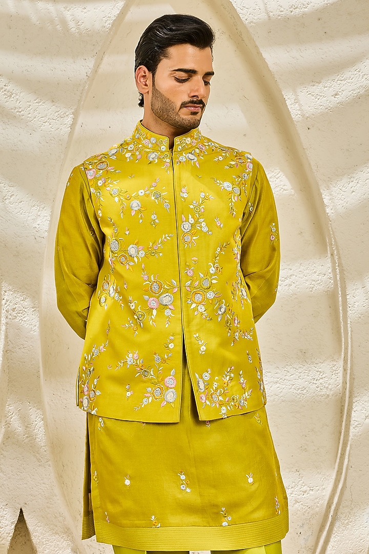 Lime Green Chanderi Silk Thread Embroidered Nehru Jacket Set by Sarab Khanijou at Pernia's Pop Up Shop