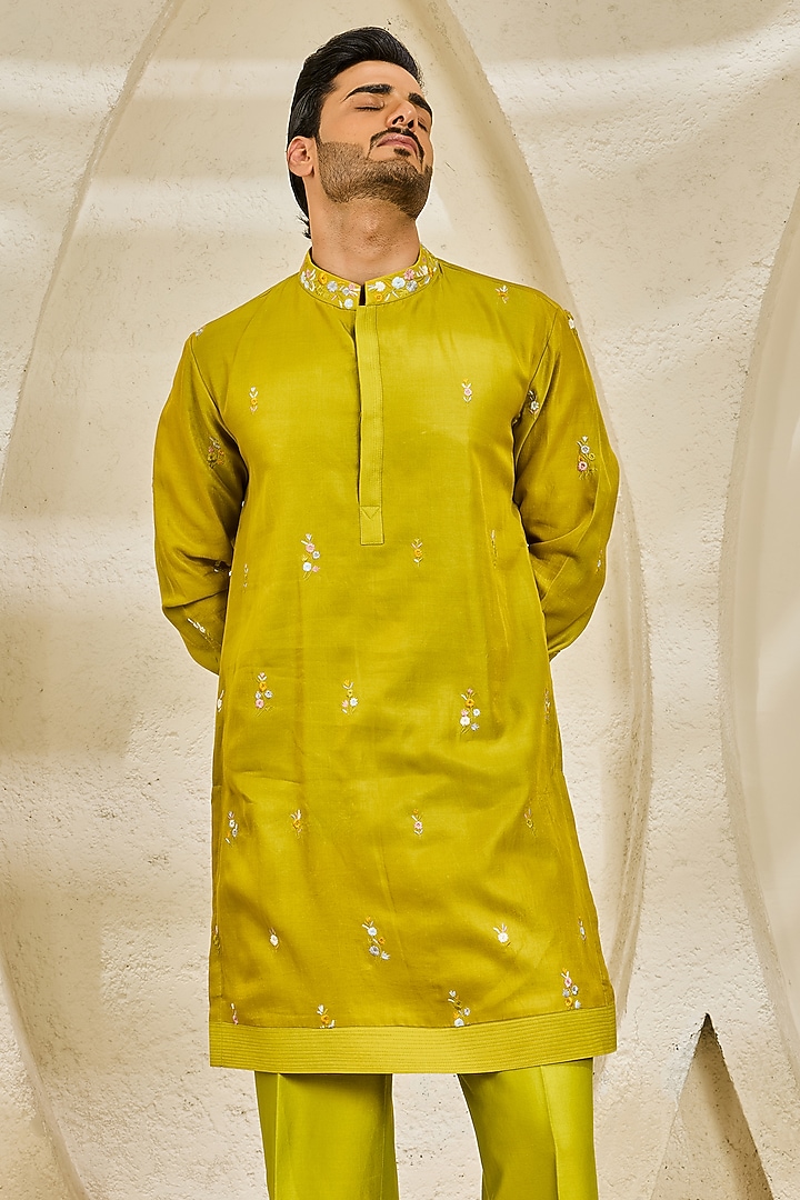 Lime Green Chanderi Silk Thread Embroidered Nehru Jacket Set by Sarab Khanijou at Pernia's Pop Up Shop
