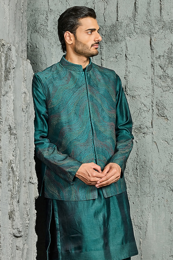 Blush Pink Chanderi Silk Thread Embroidered Nehru Jacket Set by Sarab Khanijou at Pernia's Pop Up Shop