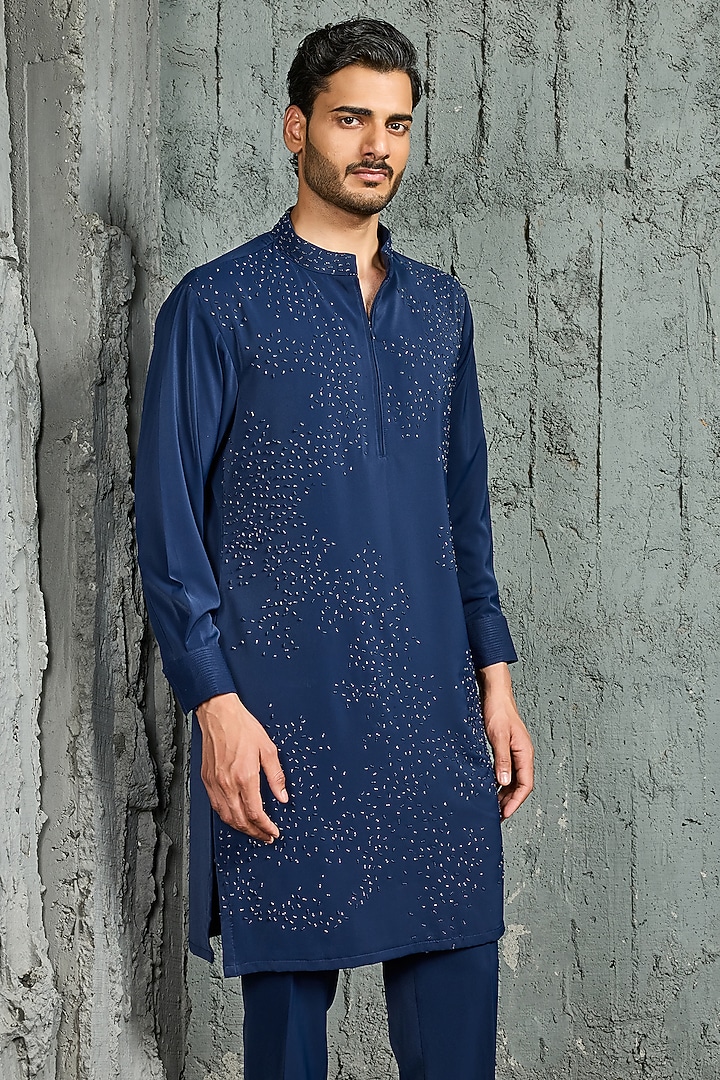 Blue Sandwash Cutdana Embroidered Kurta Set by Sarab Khanijou at Pernia's Pop Up Shop