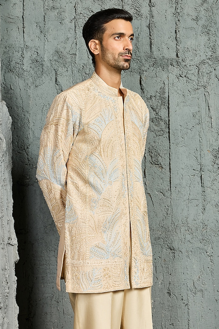 Beige Chanderi Silk Cutdana Embroidered Kurta Set by Sarab Khanijou at Pernia's Pop Up Shop