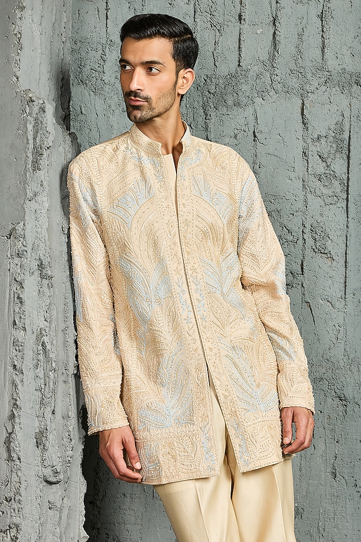 Beige Chanderi Silk Cutdana Embroidered Kurta Set by Sarab Khanijou at Pernia's Pop Up Shop