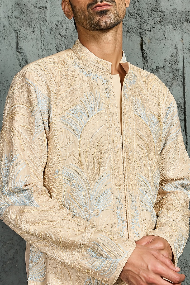 Beige Chanderi Silk Cutdana Embroidered Kurta Set by Sarab Khanijou at Pernia's Pop Up Shop