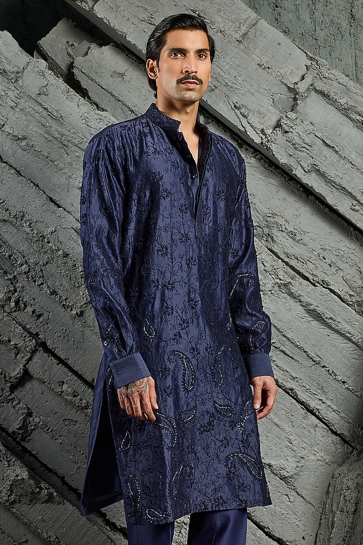 Blue Chanderi Silk Cutdana Embroidered Kurta Set by Sarab Khanijou at Pernia's Pop Up Shop
