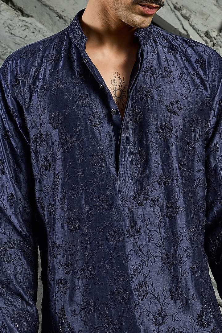 Blue Chanderi Silk Cutdana Embroidered Kurta Set by Sarab Khanijou at Pernia's Pop Up Shop