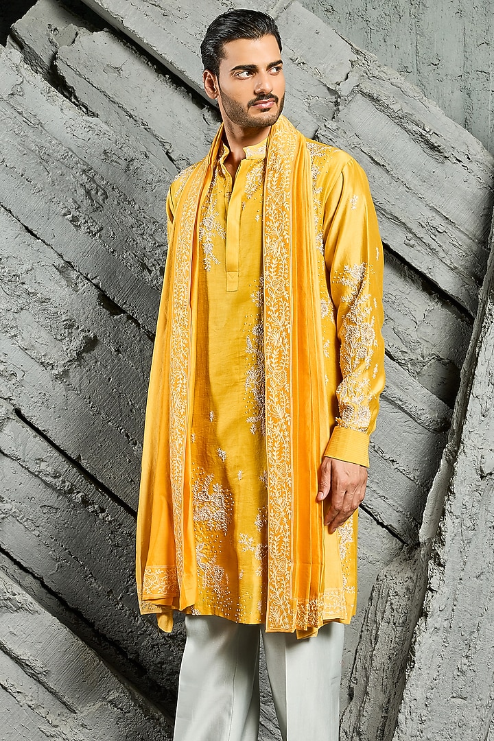 Yellow Chanderi Silk Sequins Embroidered Kurta Set by Sarab Khanijou at Pernia's Pop Up Shop