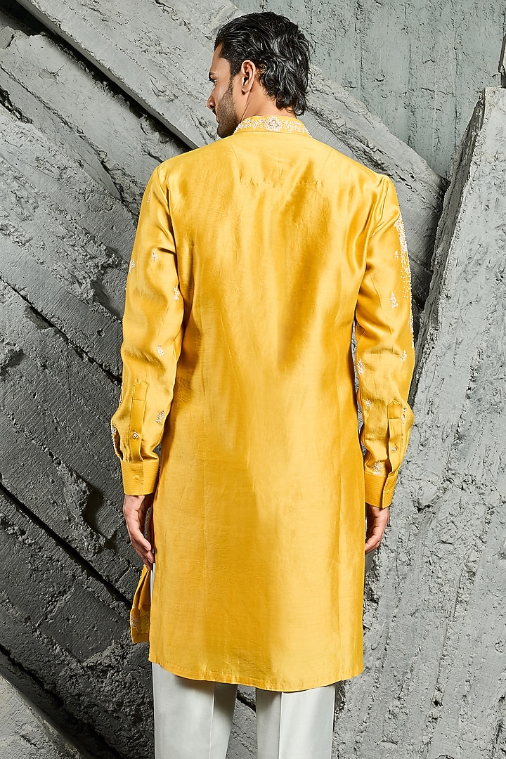 Yellow Chanderi Silk Sequins Embroidered Kurta Set by Sarab Khanijou at Pernia's Pop Up Shop