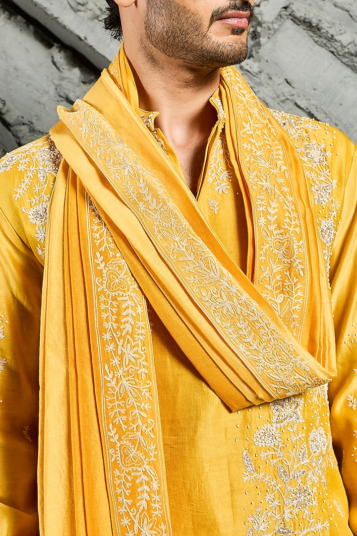 Yellow Chanderi Silk Sequins Embroidered Kurta Set by Sarab Khanijou at Pernia's Pop Up Shop