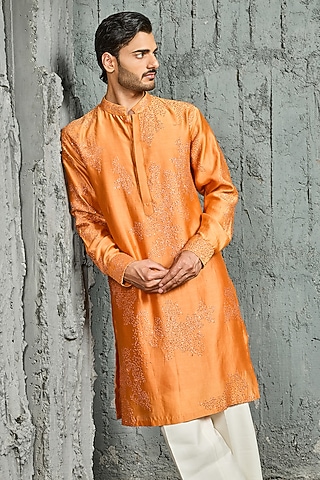Orange Chanderi Silk Sequins Embroidered Kurta Set by Sarab Khanijou