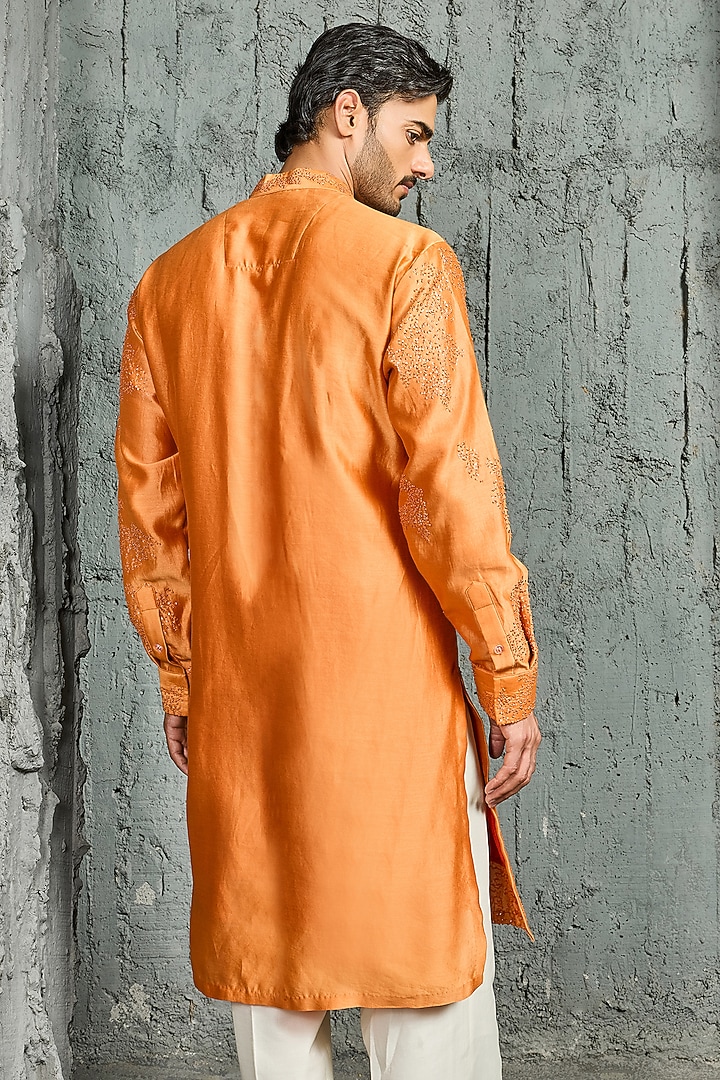 Orange Chanderi Silk Sequins Embroidered Kurta Set by Sarab Khanijou at Pernia's Pop Up Shop