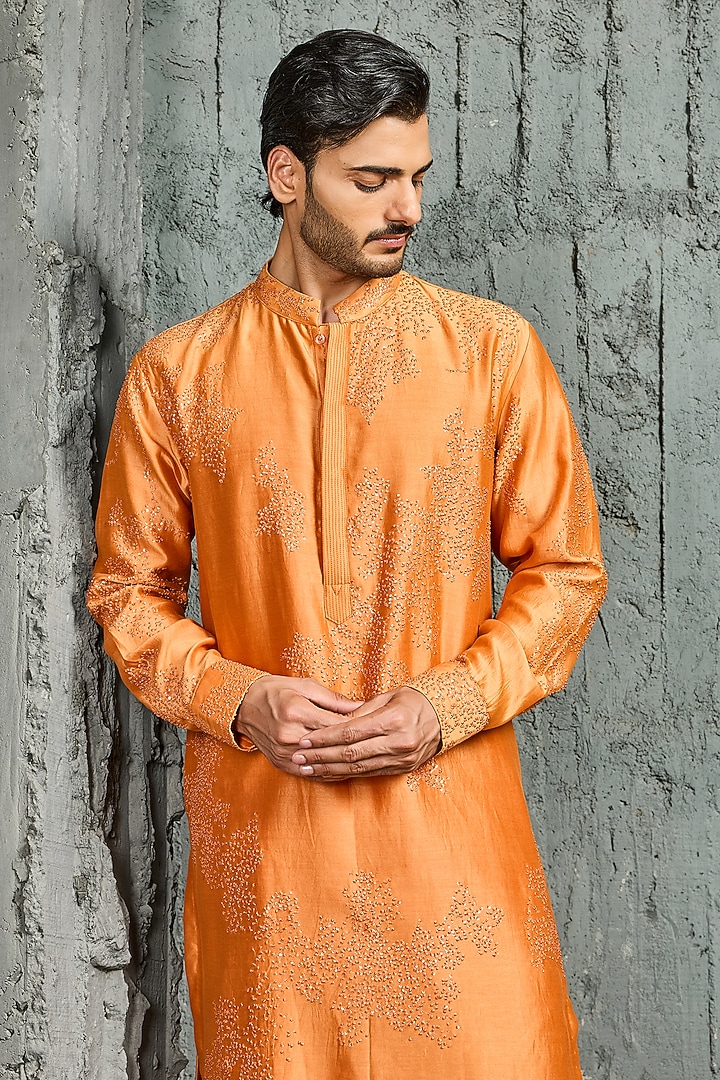 Orange Chanderi Silk Sequins Embroidered Kurta Set by Sarab Khanijou at Pernia's Pop Up Shop