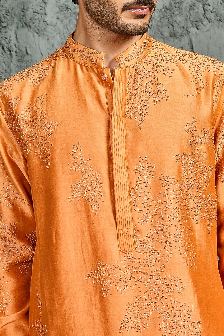Orange Chanderi Silk Sequins Embroidered Kurta Set by Sarab Khanijou at Pernia's Pop Up Shop