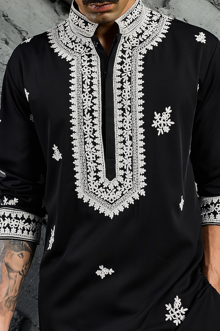 Black Sandwash Dori Embroidered Kurta Set by Sarab Khanijou at Pernia's Pop Up Shop