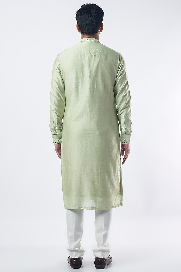 Pista Green Cotton Silk Mirror Embroidered Kurta Set by Sarab Khanijou at Pernia's Pop Up Shop