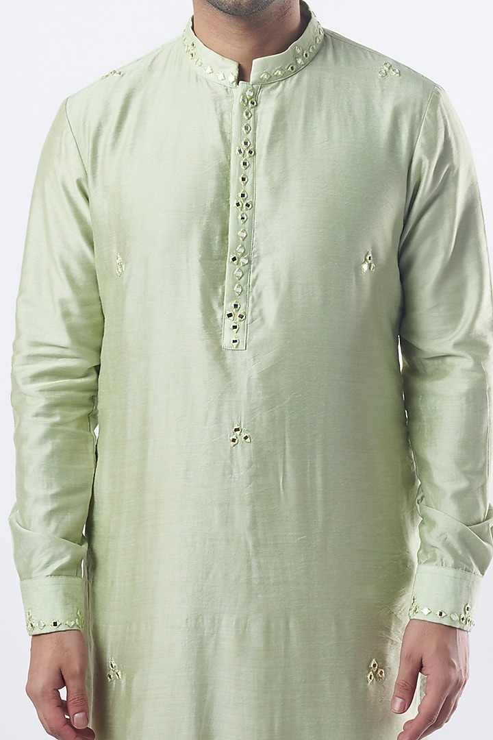 Pista Green Cotton Silk Mirror Embroidered Kurta Set by Sarab Khanijou at Pernia's Pop Up Shop