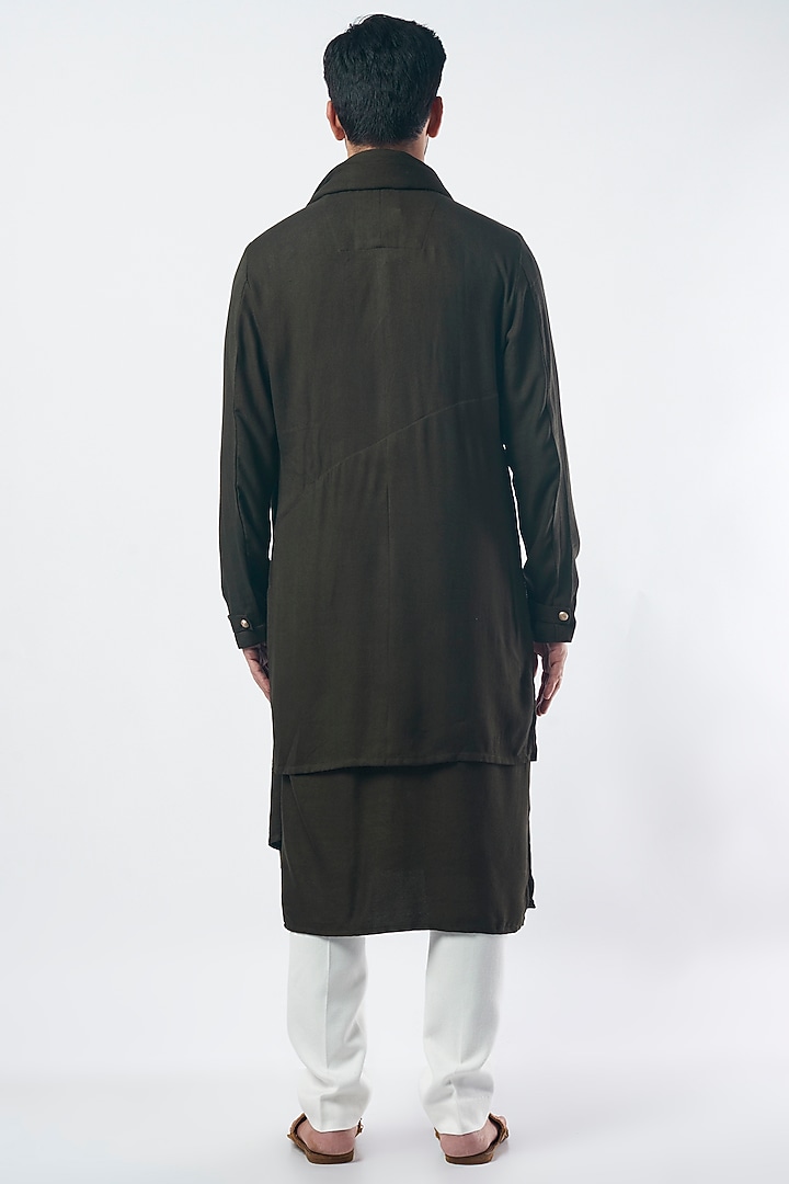 Olive Green Moss Crepe Hand Embroidered Kurta Set by Sarab Khanijou at Pernia's Pop Up Shop