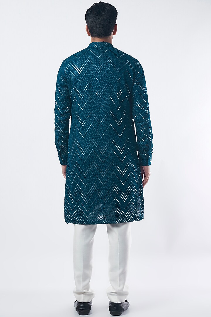 Teal Blue Cotton Silk Mirror Embroidered Kurta Set by Sarab Khanijou at Pernia's Pop Up Shop