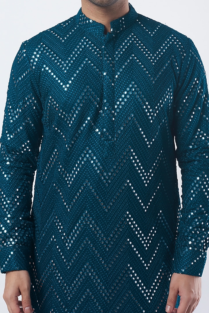 Teal Blue Cotton Silk Mirror Embroidered Kurta Set by Sarab Khanijou at Pernia's Pop Up Shop