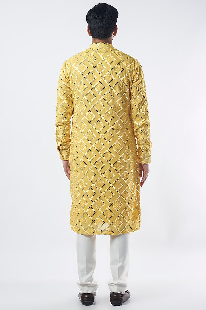 Yellow Cotton Silk Mirror Embroidered Kurta Set by Sarab Khanijou at Pernia's Pop Up Shop