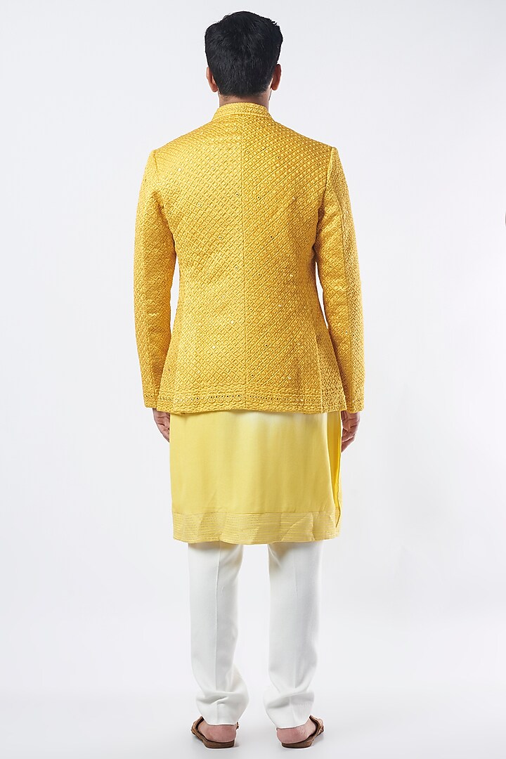 White Ombre Dyed Cotton SIlk Groom Indowestern Set by Sarab Khanijou at Pernia's Pop Up Shop