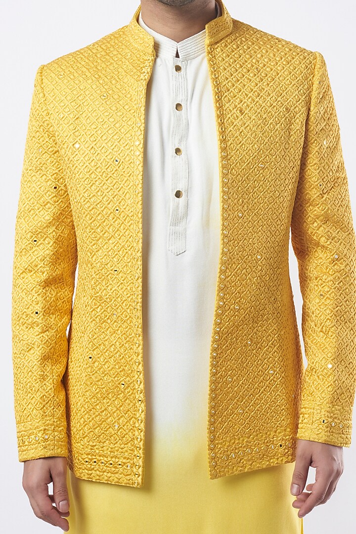 White Ombre Dyed Cotton SIlk Groom Indowestern Set by Sarab Khanijou at Pernia's Pop Up Shop
