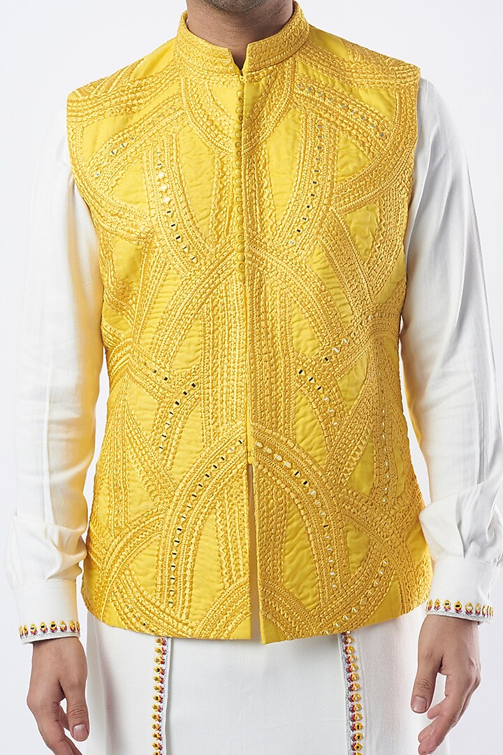 Yellow Cotton Silk Mirror Embroidered Bundi Jacket Set by Sarab Khanijou at Pernia's Pop Up Shop