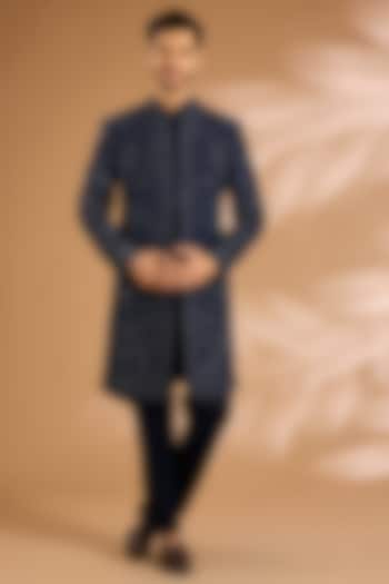 Navy Blue Silk Groom Indowestern Set by Sarab Khanijou at Pernia's Pop Up Shop