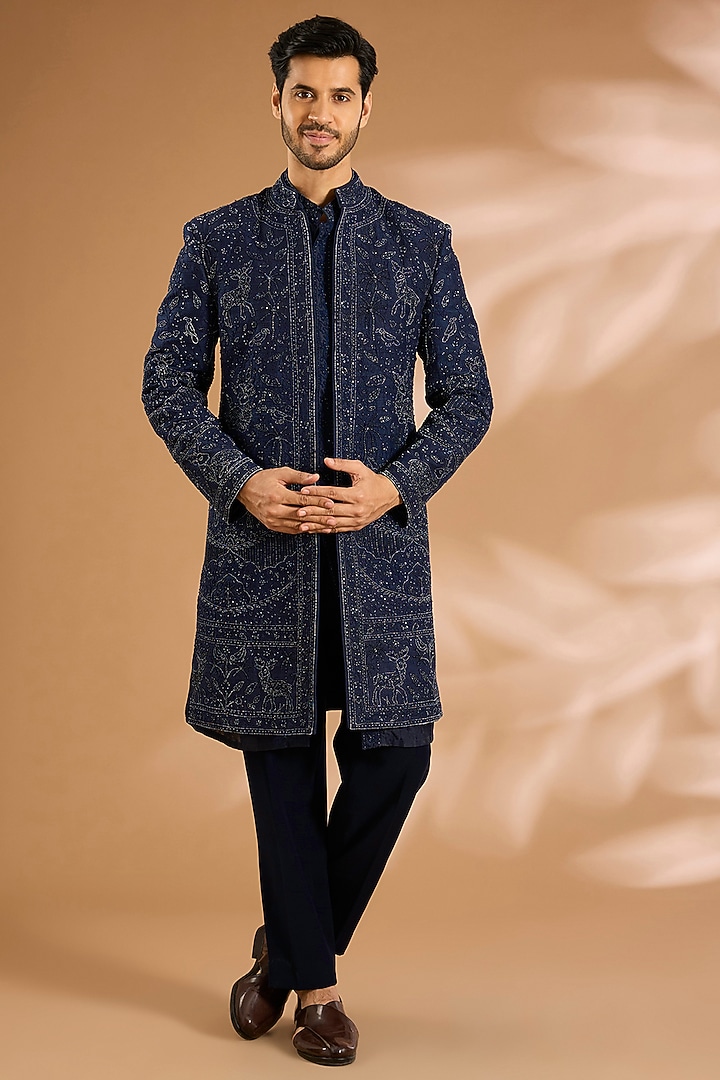 Navy Blue Silk Groom Indowestern Set by Sarab Khanijou at Pernia's Pop Up Shop