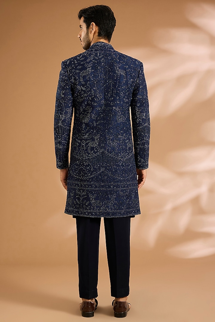 Navy Blue Silk Groom Indowestern Set by Sarab Khanijou at Pernia's Pop Up Shop
