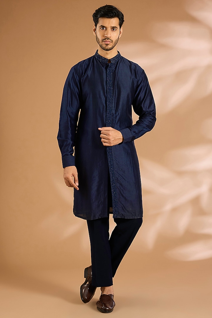 Navy Blue Silk Groom Indowestern Set by Sarab Khanijou at Pernia's Pop Up Shop
