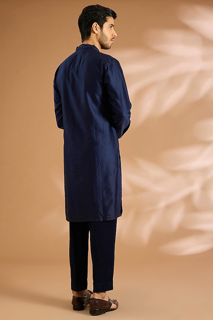 Navy Blue Silk Groom Indowestern Set by Sarab Khanijou at Pernia's Pop Up Shop