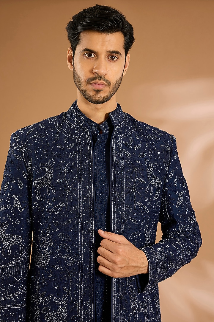 Navy Blue Silk Groom Indowestern Set by Sarab Khanijou at Pernia's Pop Up Shop
