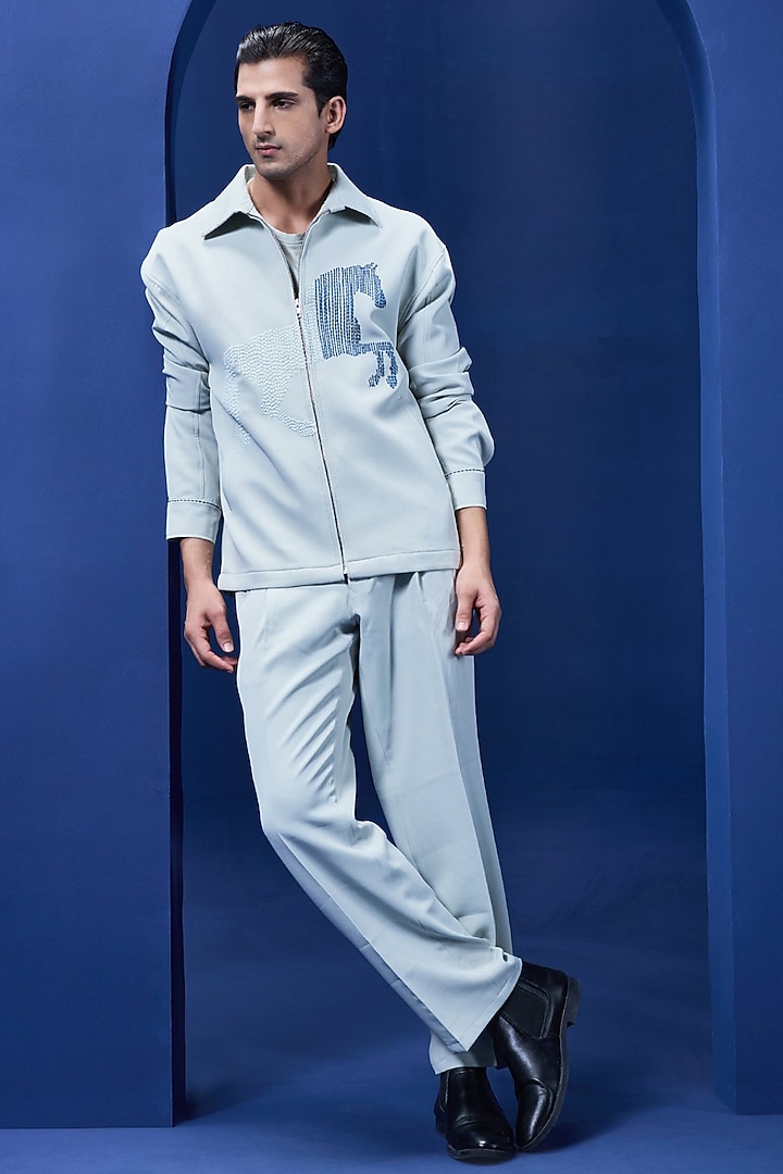 Pista Green Crepe Embroidered Co-Ord Set by Sarab Khanijou at Pernia's Pop Up Shop