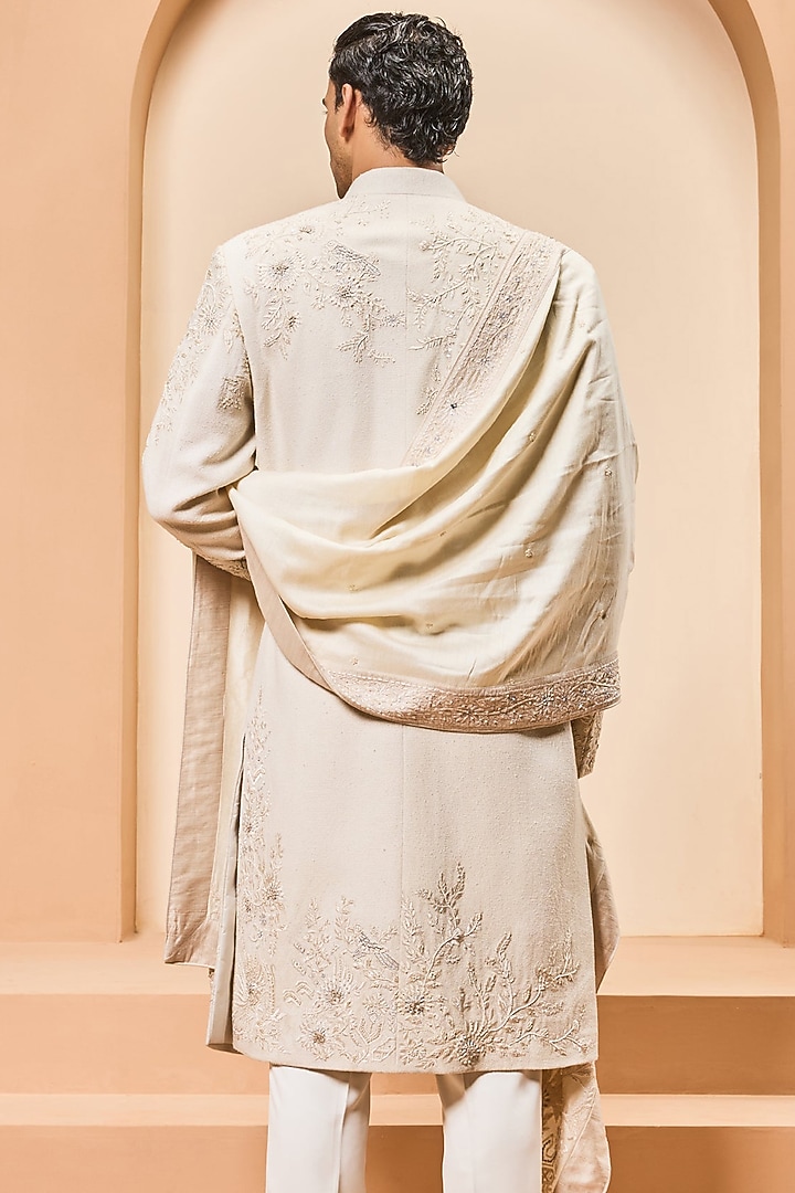 Ivory Matka Silk Threadwork Groom Sherwani Set by Sarab Khanijou at Pernia's Pop Up Shop