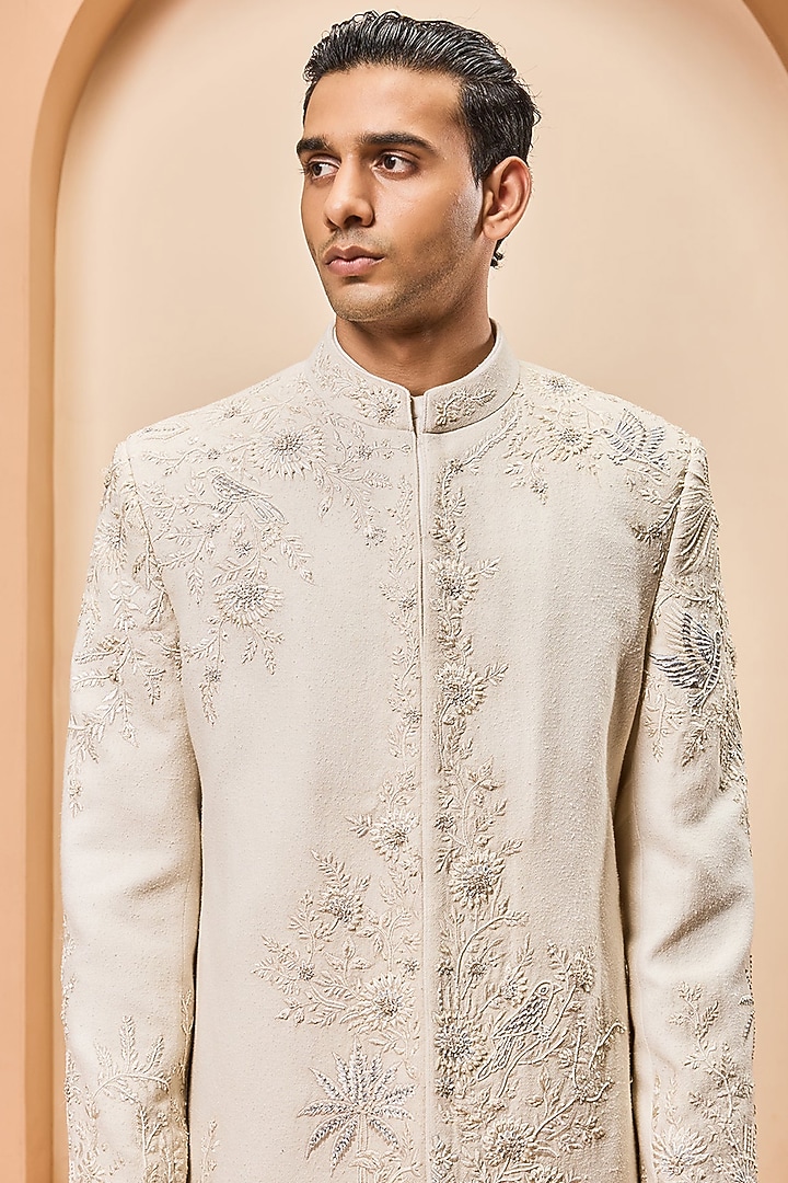 Ivory Matka Silk Threadwork Groom Sherwani Set by Sarab Khanijou at Pernia's Pop Up Shop