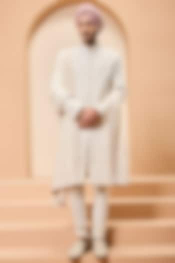 Ivory Raw Silk Thread Work Groom Sherwani Set by Sarab Khanijou at Pernia's Pop Up Shop