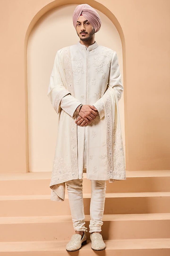 Ivory Raw Silk Thread Work Groom Sherwani Set by Sarab Khanijou at Pernia's Pop Up Shop