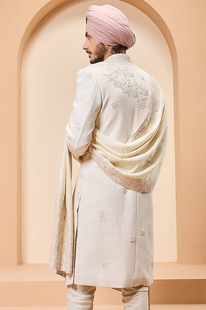Ivory Raw Silk Thread Work Groom Sherwani Set by Sarab Khanijou at Pernia's Pop Up Shop