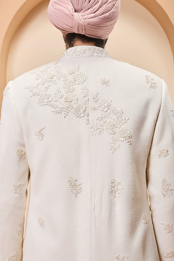Ivory Raw Silk Thread Work Groom Sherwani Set by Sarab Khanijou at Pernia's Pop Up Shop